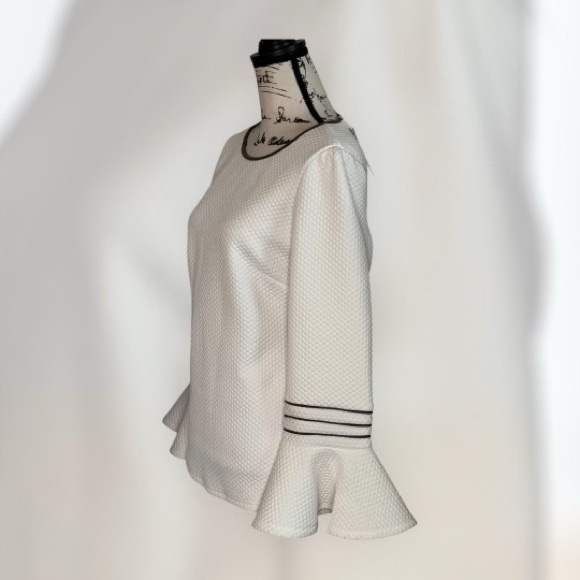 STS Sail to Sable Ivory Bell Sleeve Top 3/4 Sleeve Detailing Brown Trim Top Sz M - Picture 2 of 8